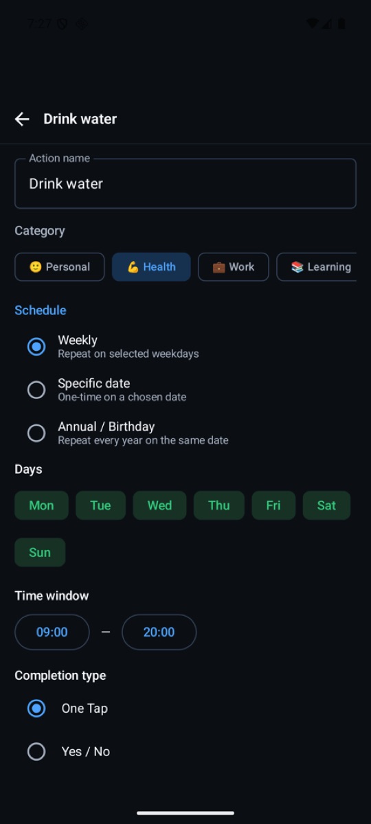 The Complevia habit editor showing category, weekly schedule, day picker, a 09:00 to 20:00 time window and the completion type