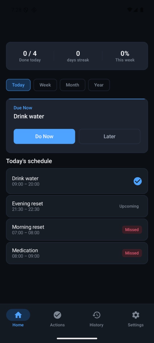 The Complevia home screen: a due-now card with Do Now and Later, and a day schedule showing each habit as a time window with done, upcoming and missed states