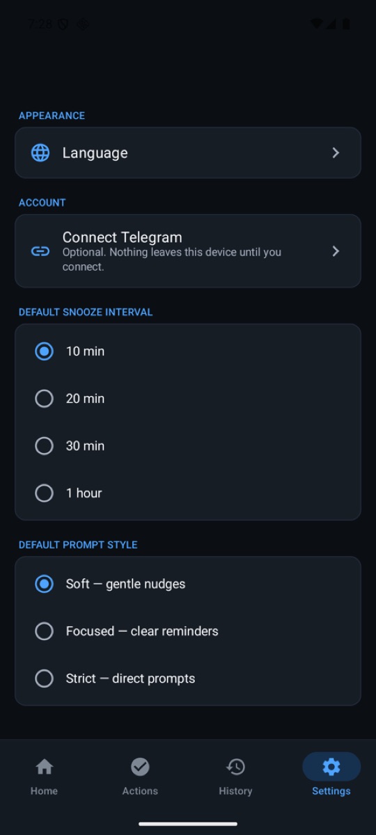 The Complevia settings screen with prompt style, language and data controls