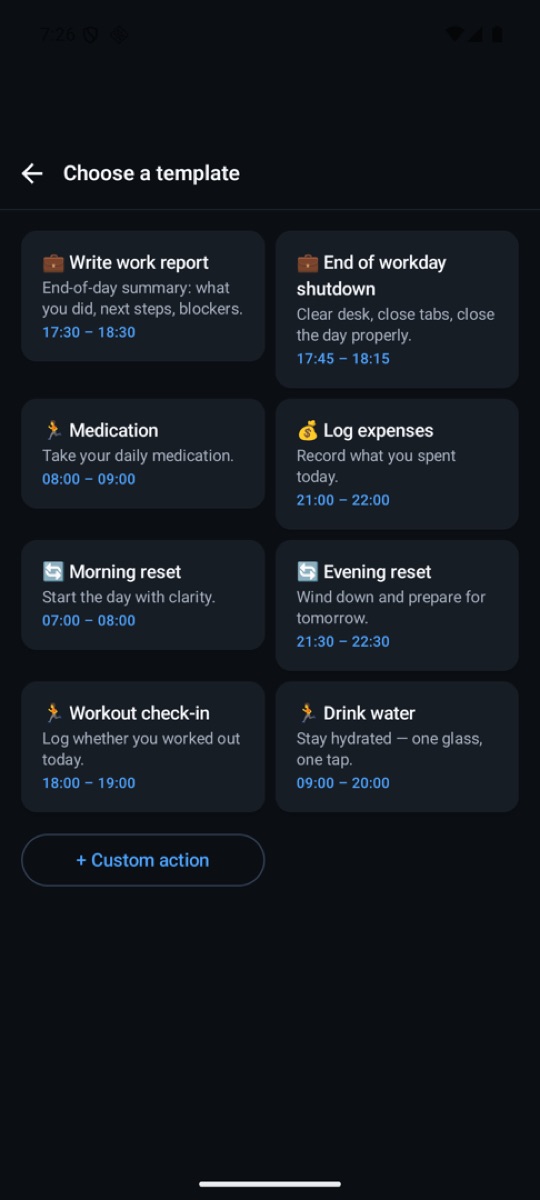 The Complevia template list, each entry carrying a suggested time window and completion type
