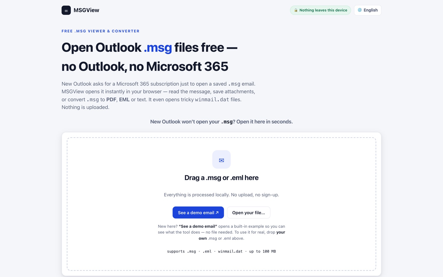 The MSGView home page with its drop zone for .msg and .eml files