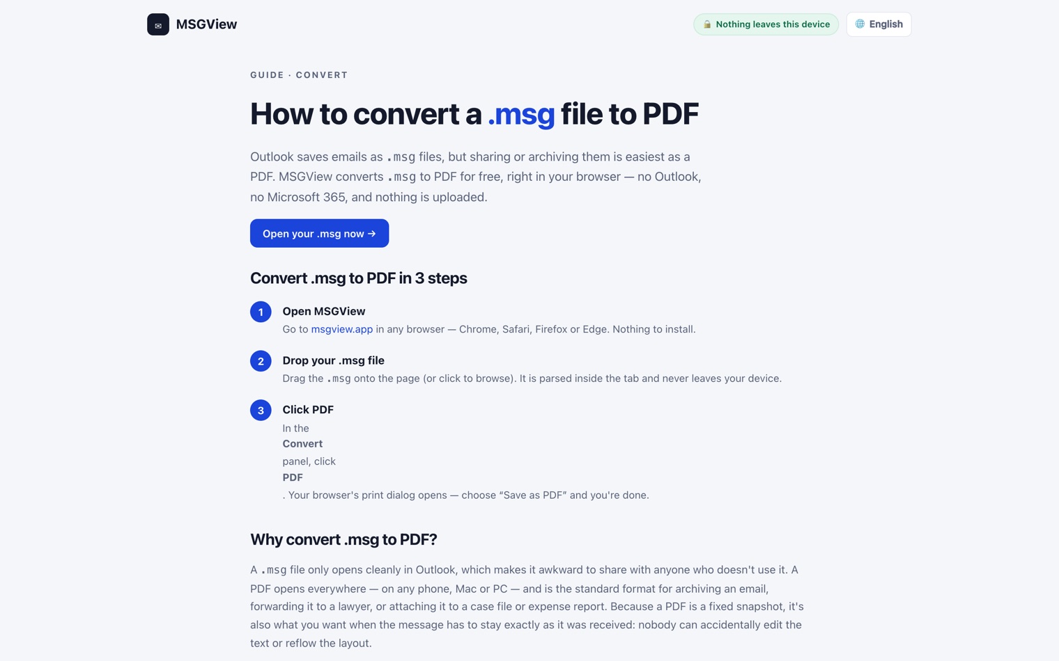 A MSGView landing page explaining how to convert a .msg file to PDF