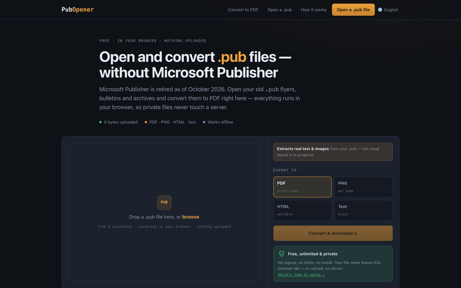 The PubOpener home page with a drop zone for .pub files