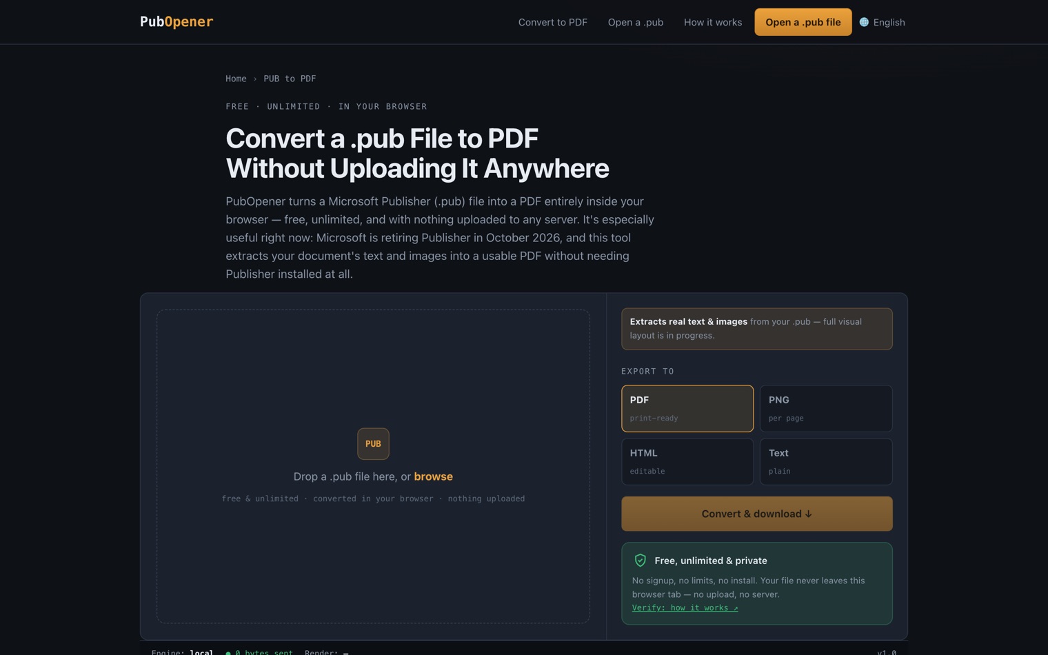 A PubOpener landing page about converting a .pub file to PDF