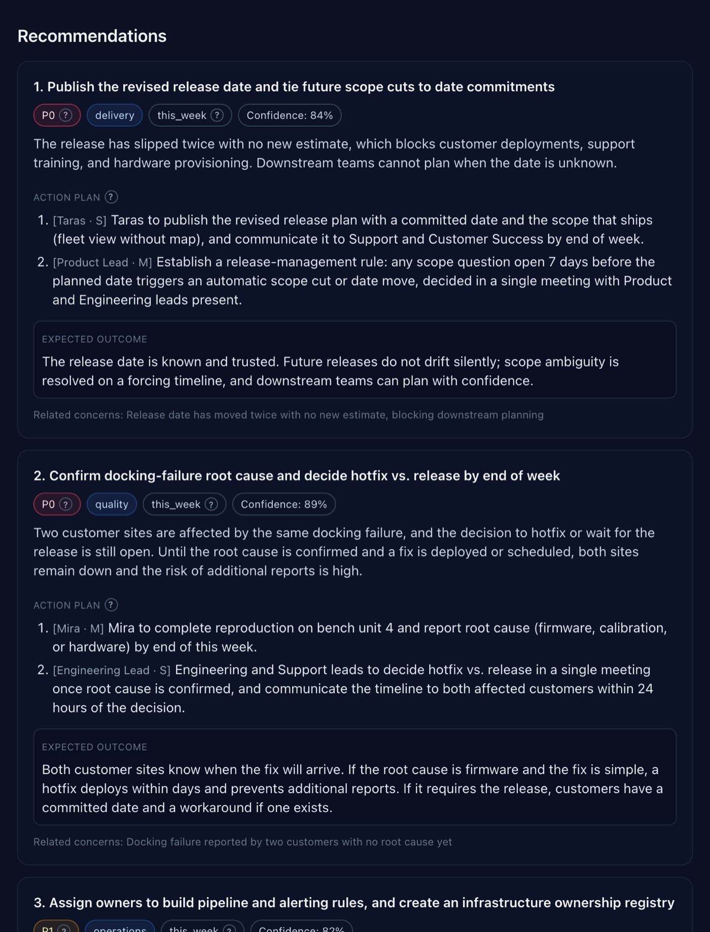 SignalOps recommendations: two P0 items with priority, area, time-to-impact and confidence, each with a labelled action plan and an expected outcome
