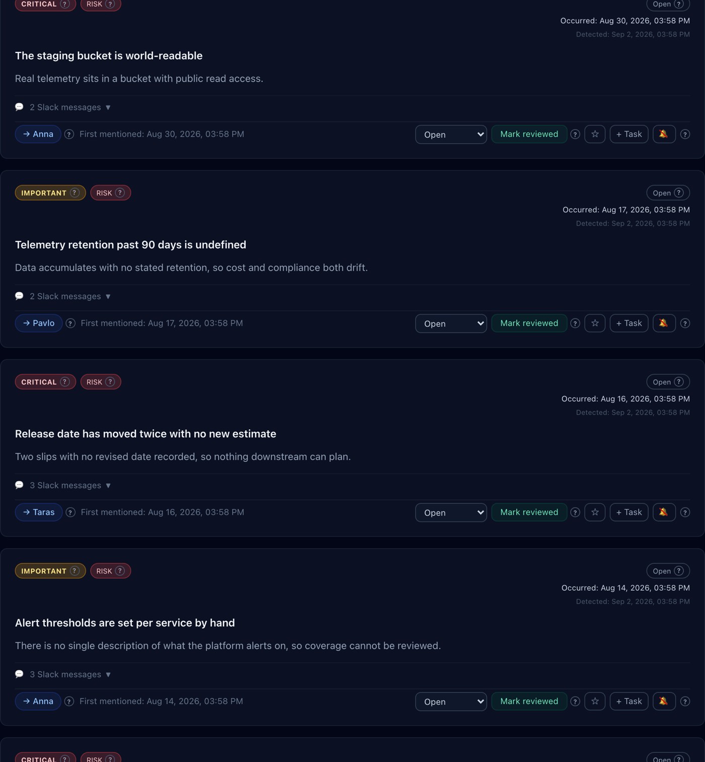 The SignalOps signals list: cards for a security risk, a single point of failure and an unowned build pipeline, each with severity, recurrence and source messages