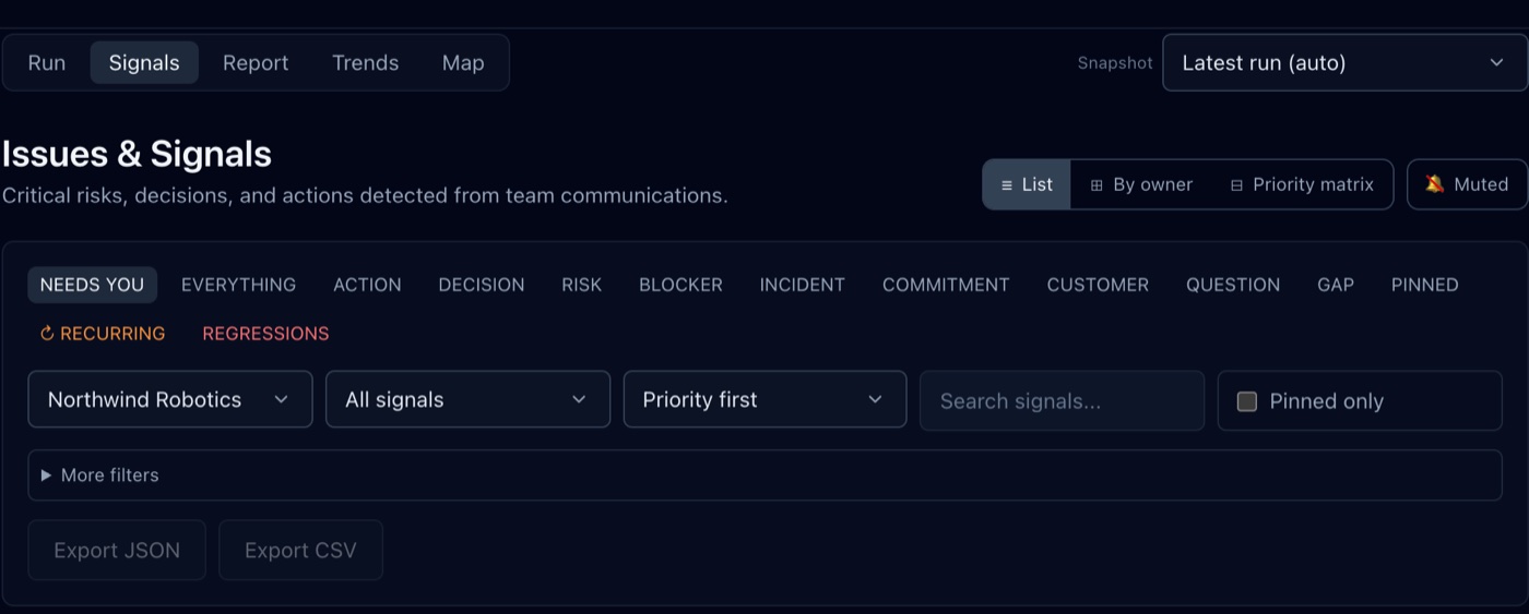 The SignalOps signals screen showing extracted risks and gaps with severity badges and source messages