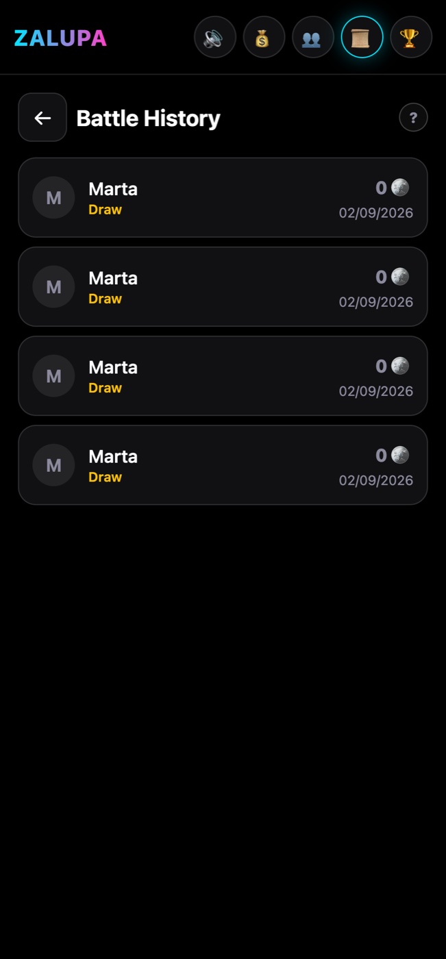 The ZALUPA battle history screen listing past duels and their results