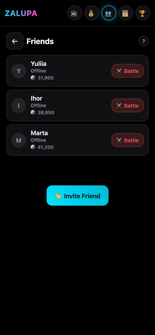 The ZALUPA friends list with online status, balances and a battle button next to each name