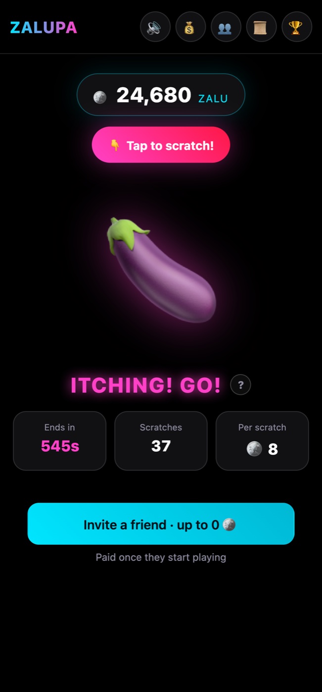 The ZALUPA main screen mid-itch, showing balance, timer, scratch count and per-scratch rate