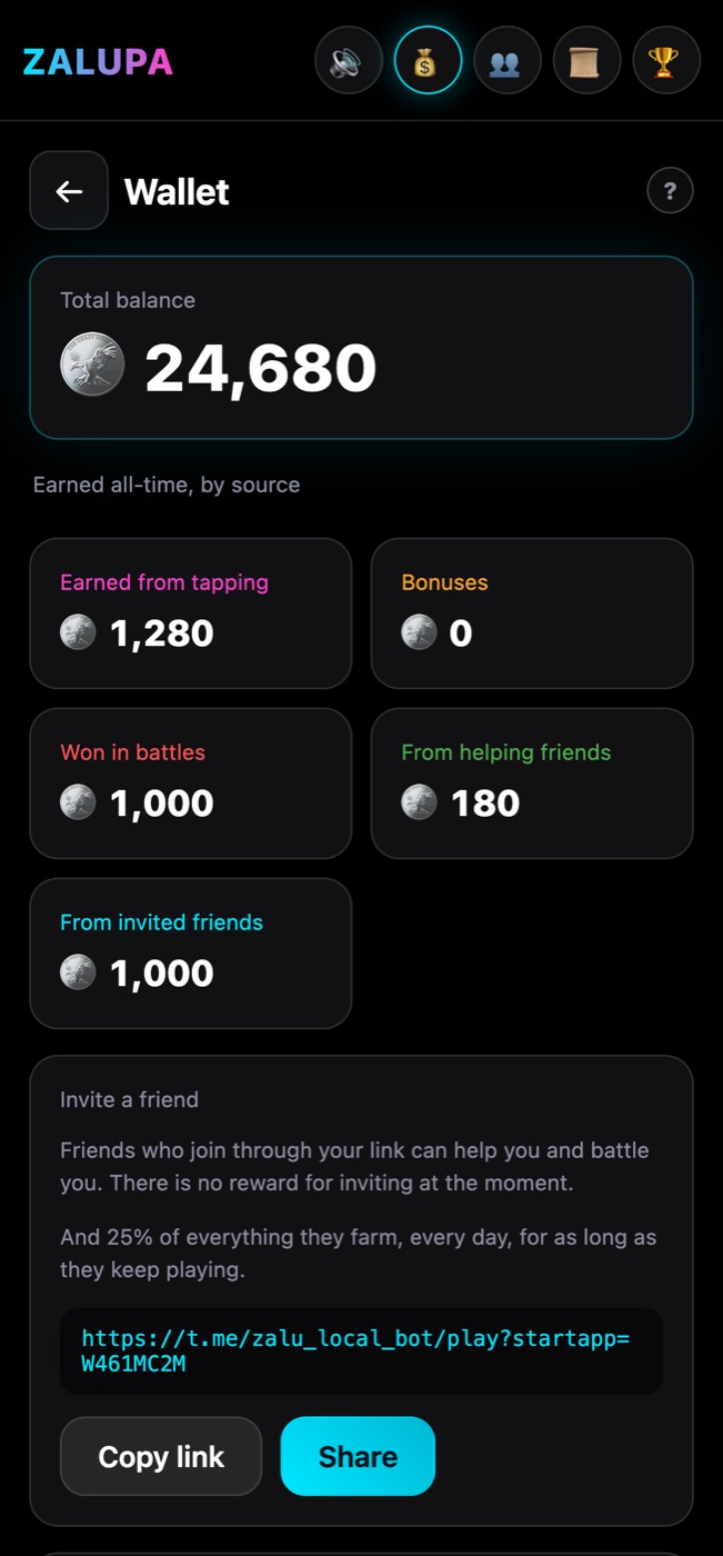The ZALUPA wallet showing the total balance broken down by where it was earned